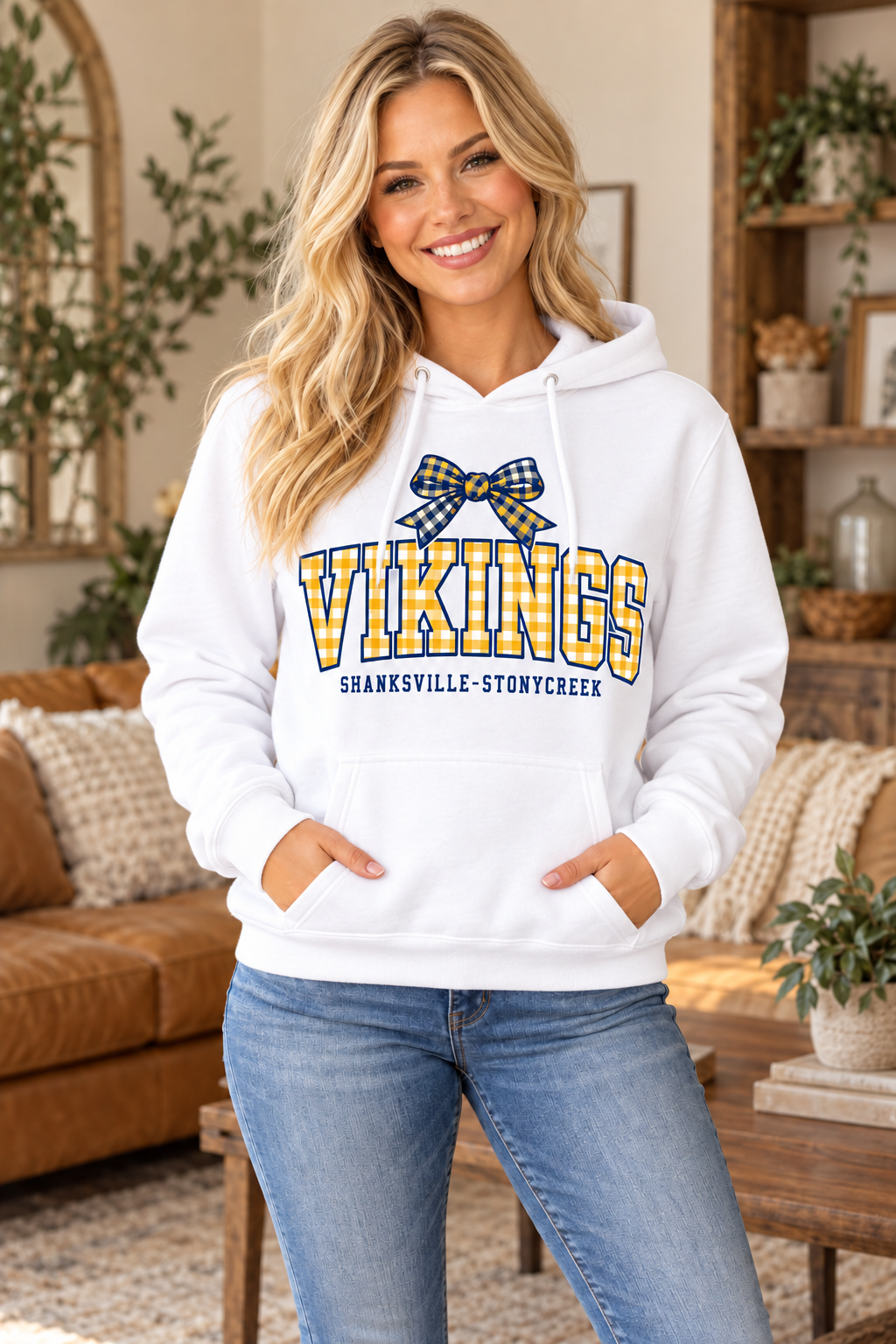 Shanksville-Stonycreek Vikings Gingham Bow Hoodie in White