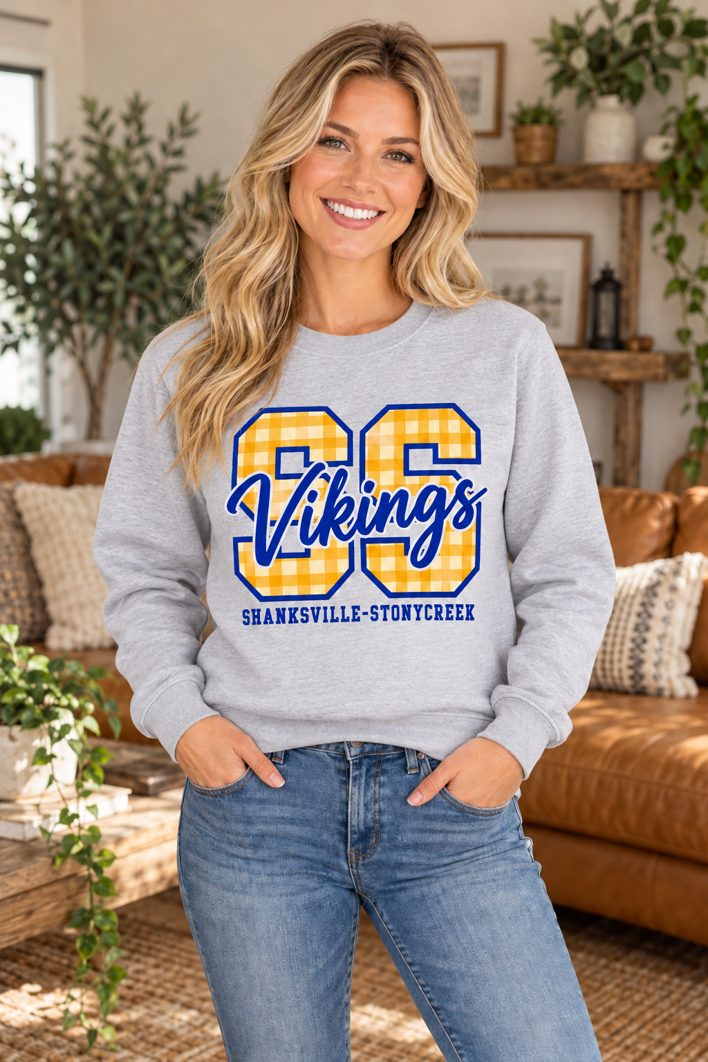 Shanksville-Stonycreek Vikings Gingham SS Script Crewneck in Sport Gray