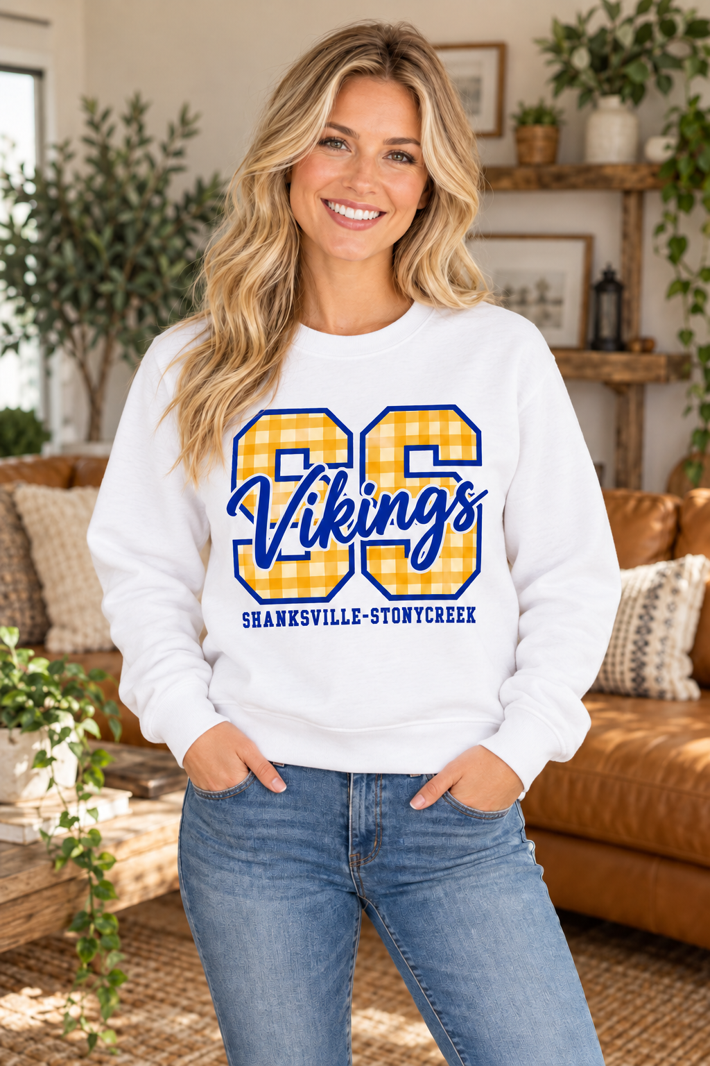 Shanksville-Stonycreek Vikings Gingham SS Script Crewneck in White