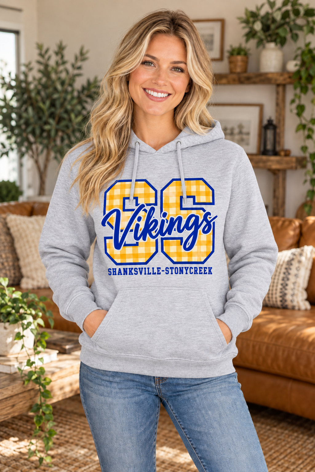 Shanksville-Stonycreek Vikings Gingham SS Script Hoodie in Sport Gray