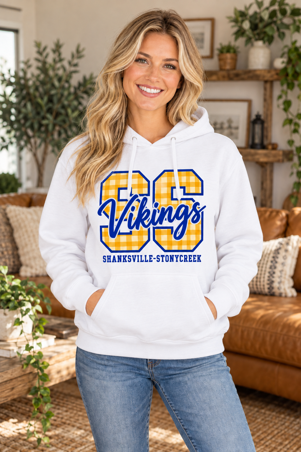 Shanksville-Stonycreek Vikings Gingham SS Script Hoodie in White
