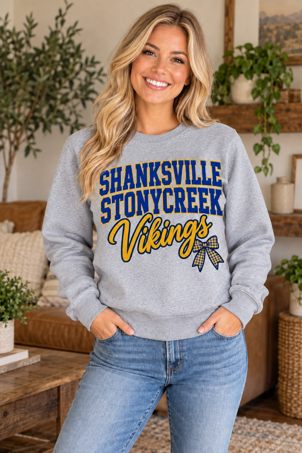 Shanksville-Stonycreek Vikings Stacked Script Bow Crewneck in Sport Gray