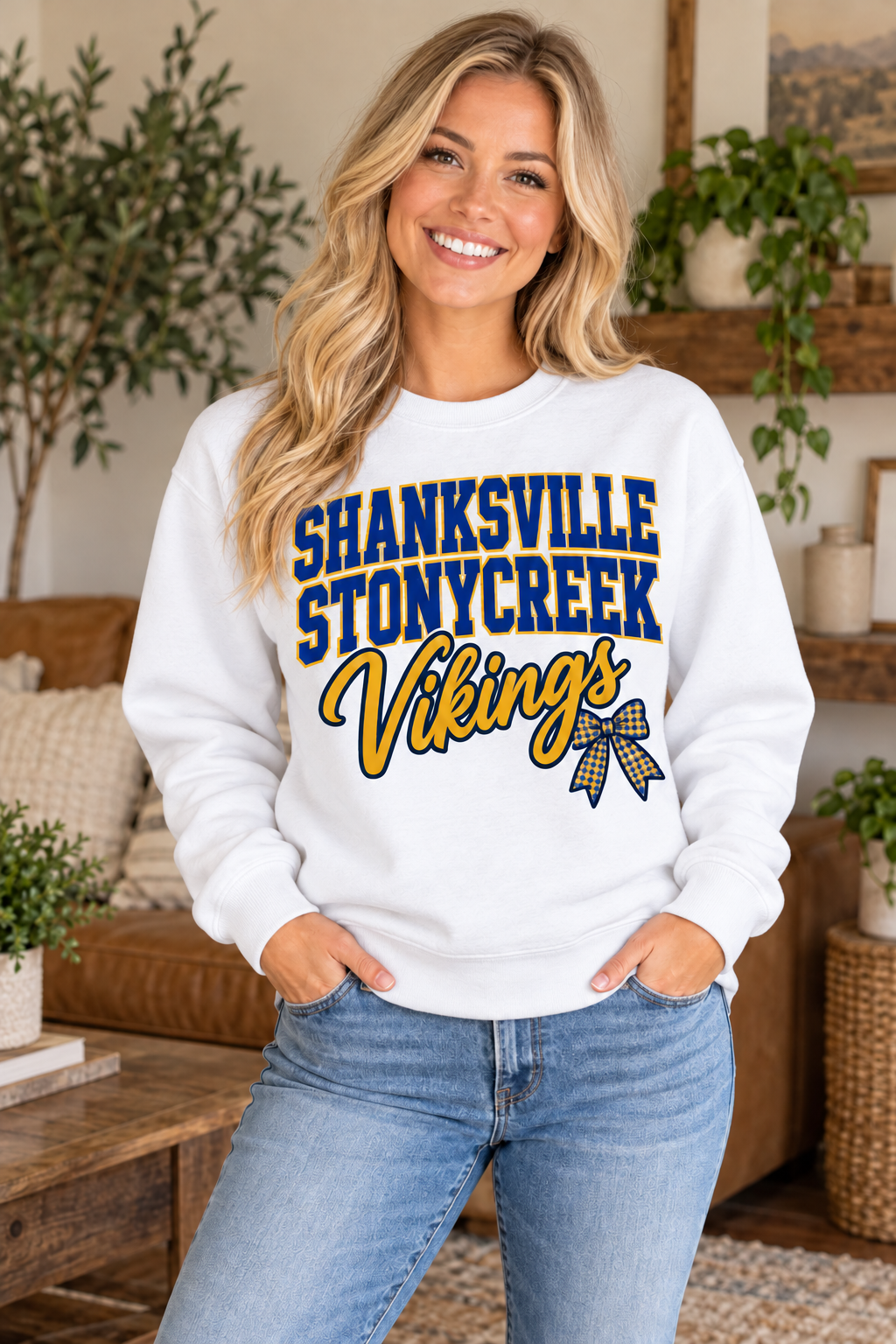 Shanksville-Stonycreek Vikings Stacked Script Bow Crewneck in White