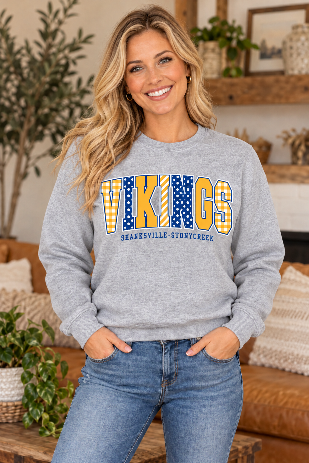 Shanksville-Stonycreek Vikings Mixed Pattern Crewneck in Sport Gray