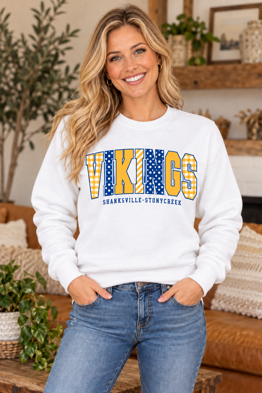 Shanksville-Stonycreek Vikings Mixed Pattern Crewneck in White