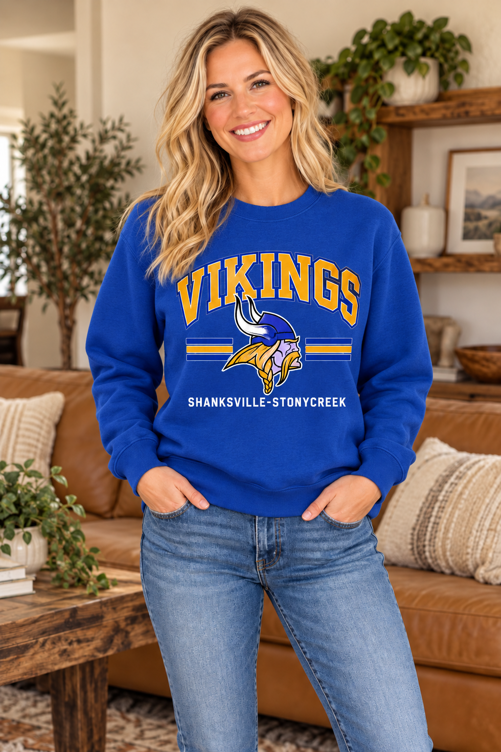 Shanksville-Stonycreek Vikings Retro Viking Head Crewneck in Royal Blue