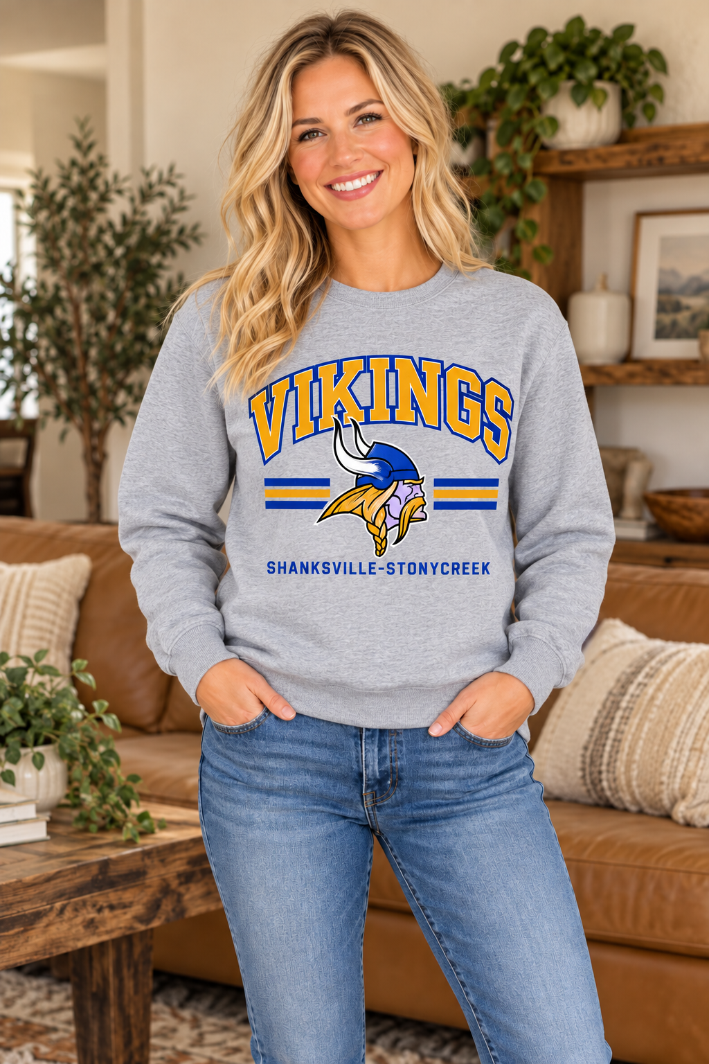 Shanksville-Stonycreek Vikings Retro Viking Head Crewneck in Sport Gray