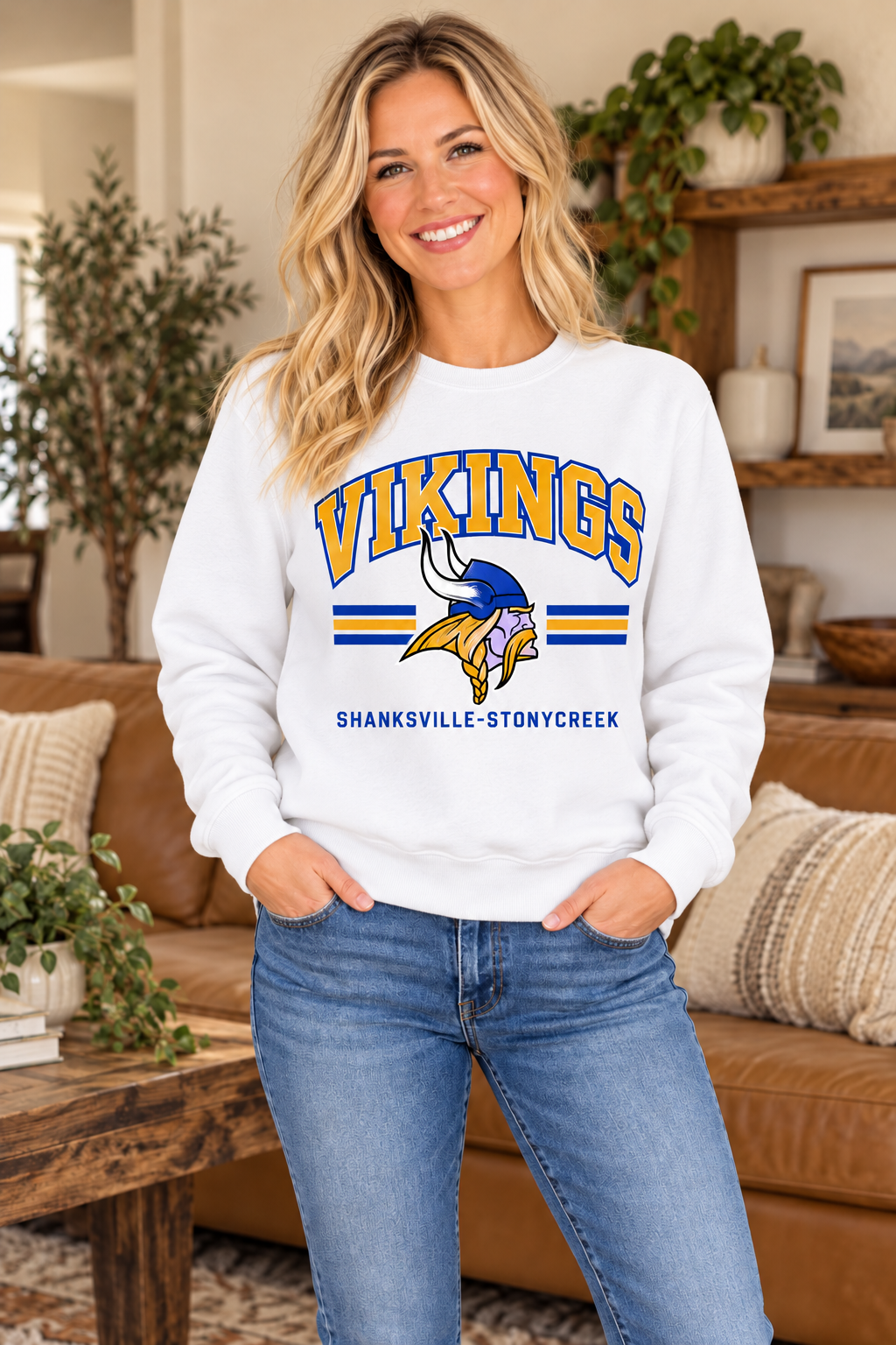 Shanksville-Stonycreek Vikings Retro Viking Head Crewneck in White