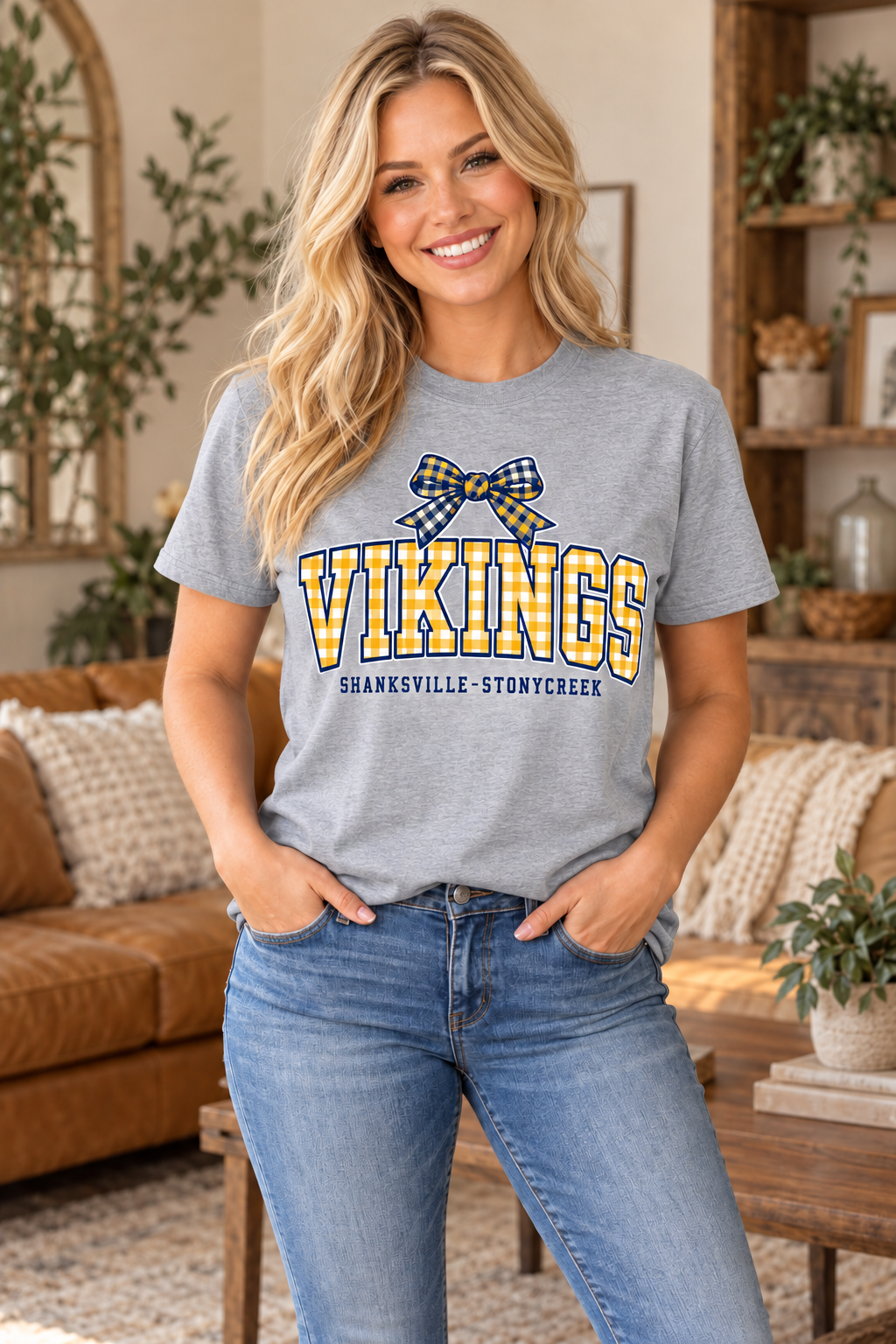 Shanksville-Stonycreek Vikings gingham-bow T-shirt in Sport Gray