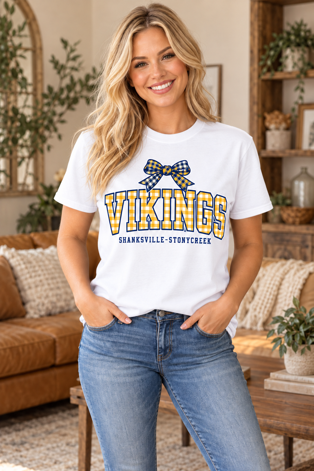 Shanksville-Stonycreek Vikings gingham-bow T-shirt in White