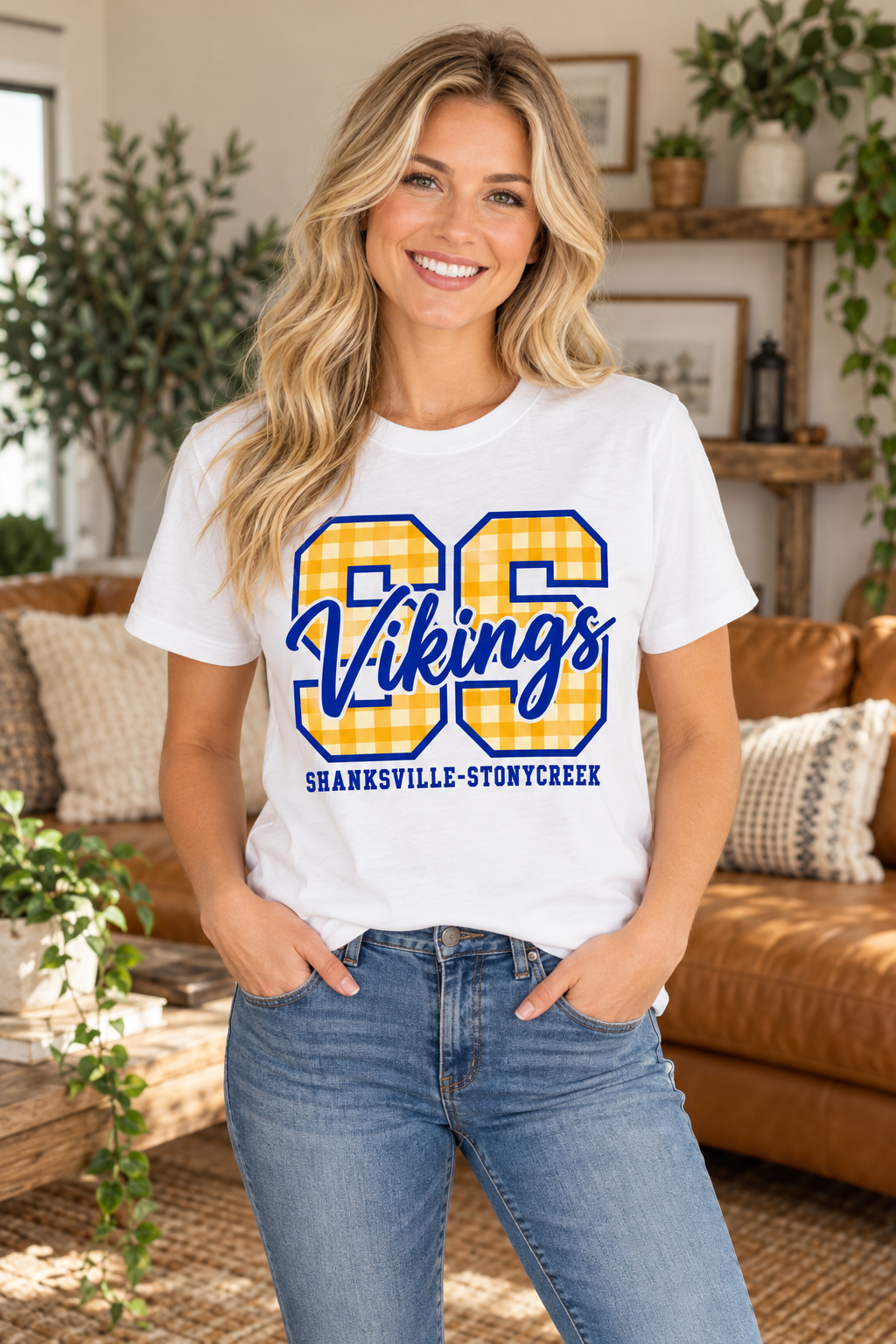 Shanksville-Stonycreek Vikings Gingham SS Script T-shirt in White
