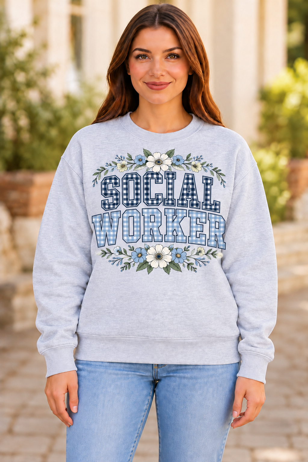 Social Worker Blue Gingham Florals sport gray crewneck