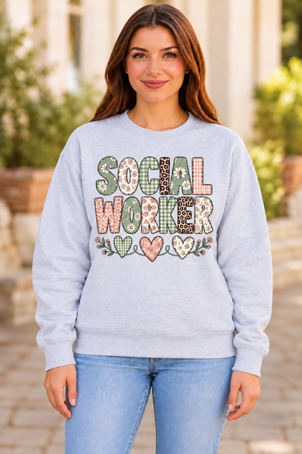 Social Worker Sage Patchwork Hearts sport gray crewneck