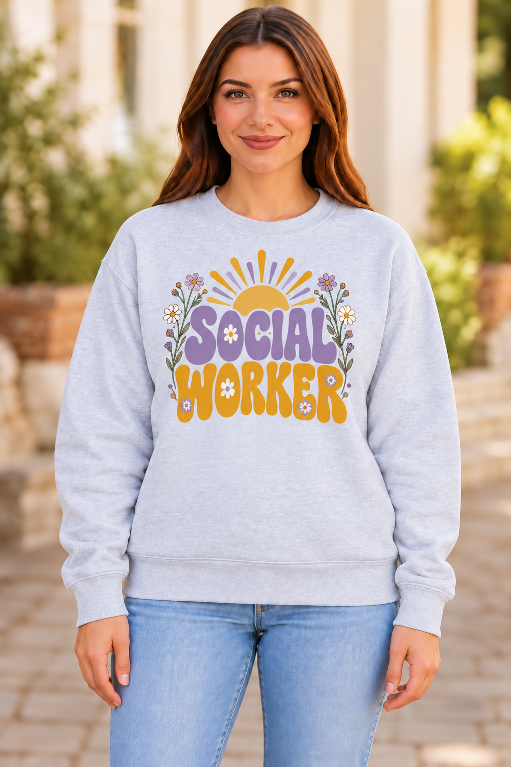 Social Worker Sunshine Wildflowers sport gray crewneck