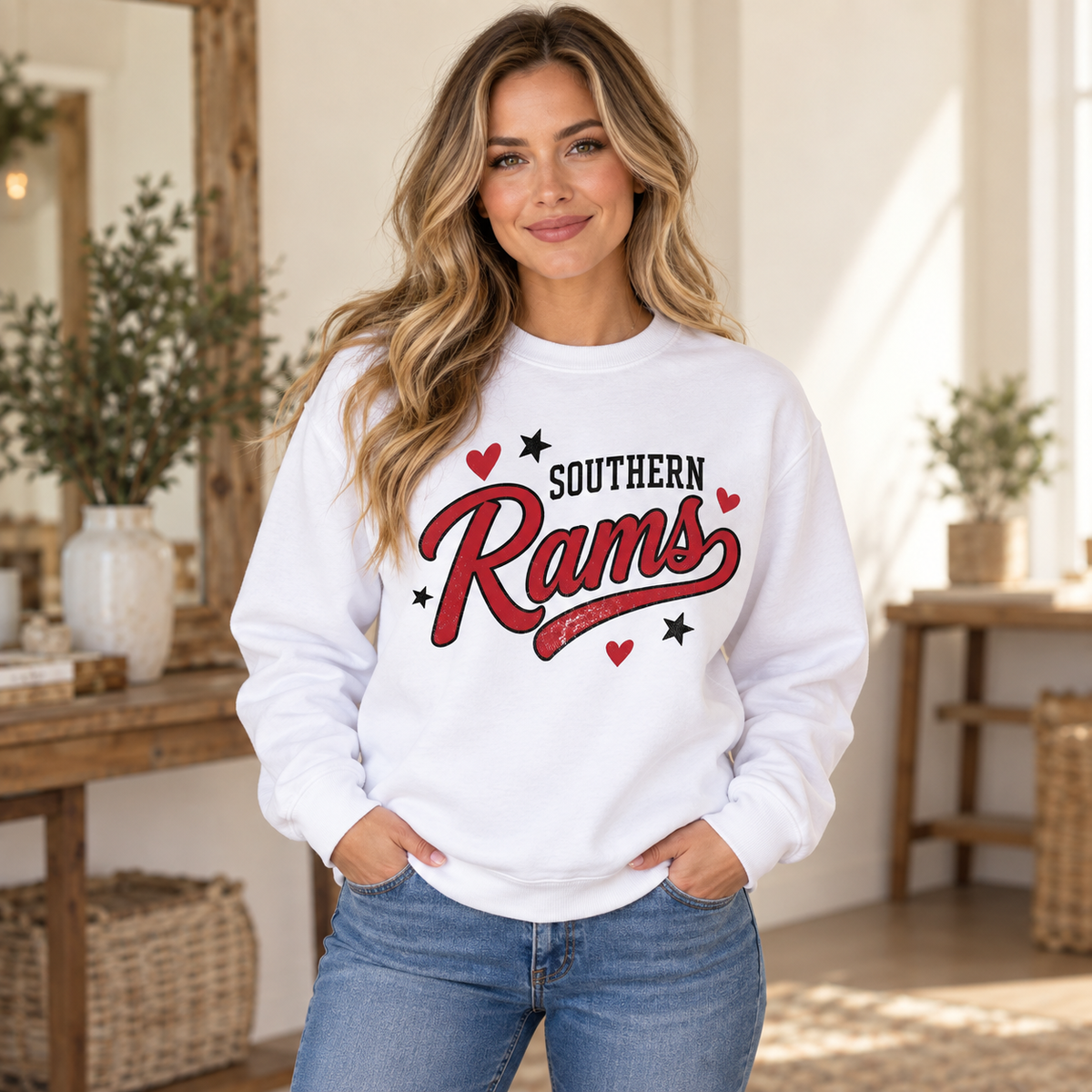 Southern Rams Script Star Crewneck in White on woman model