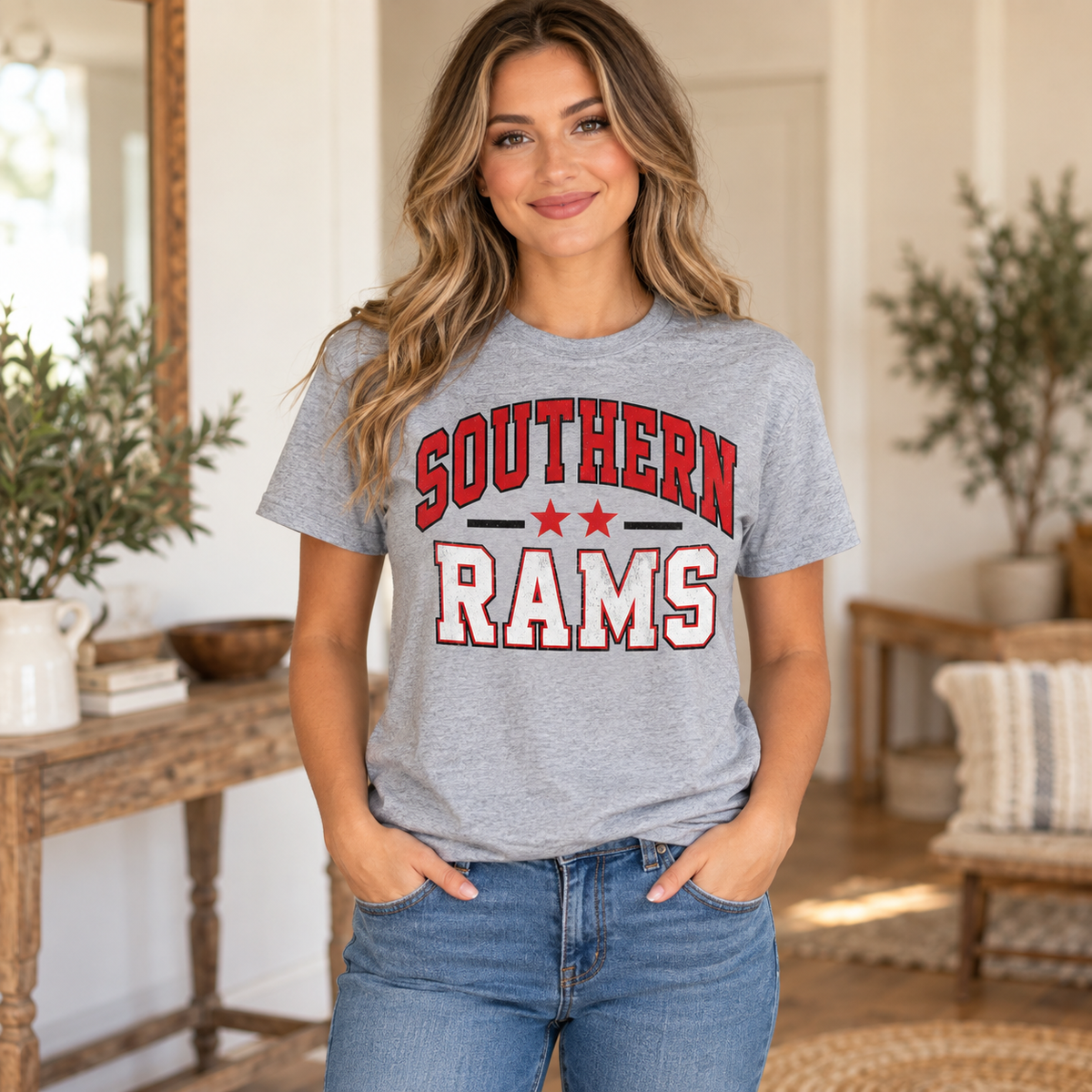 Southern Rams Vintage Varsity T-Shirt in Sport Gray on woman model
