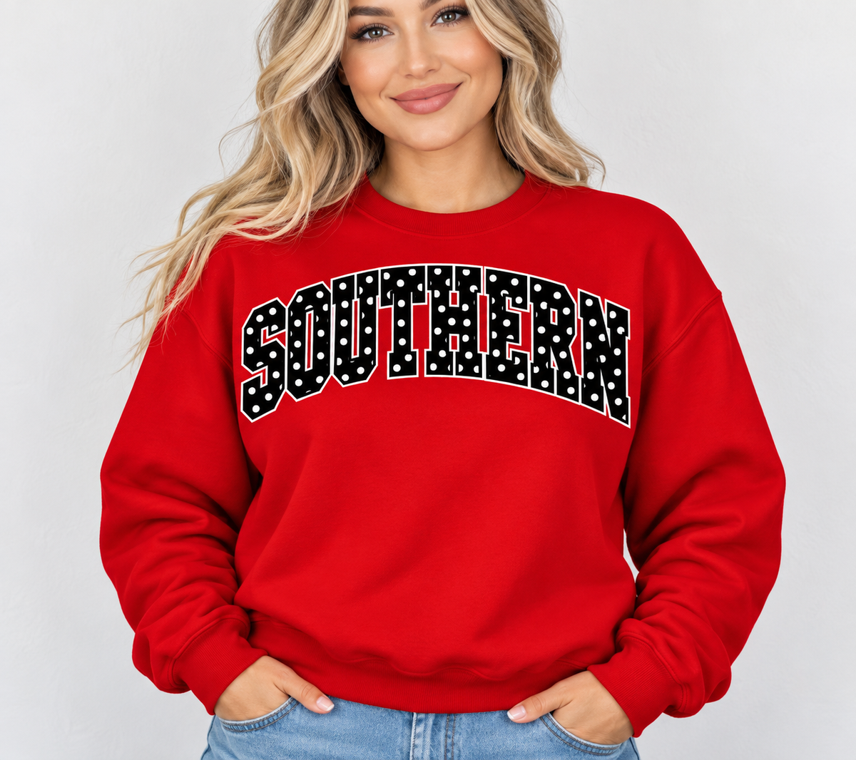 Girl wearing red SOUTHERN polka dot crewneck