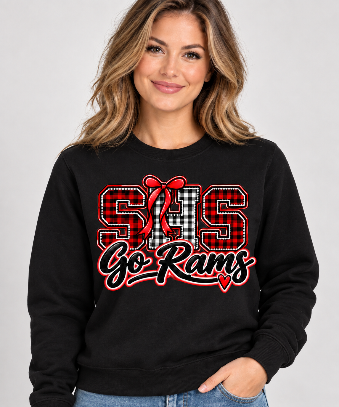 Woman wearing Black Southern SHS Go Rams crewneck