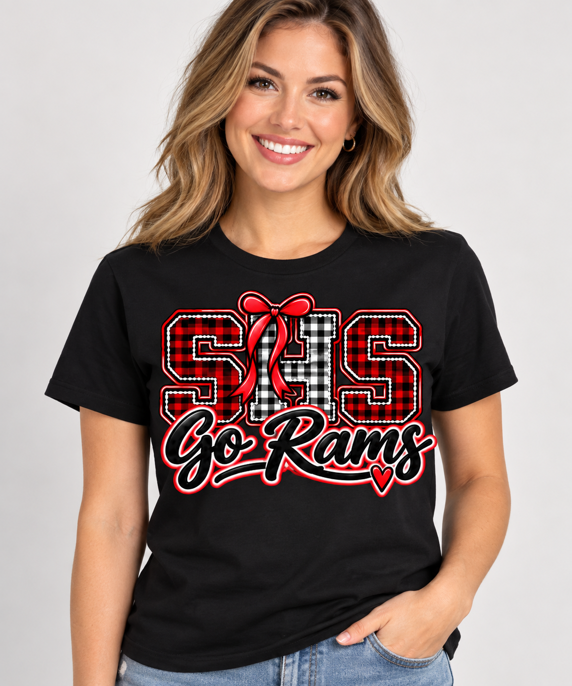 Woman wearing Black Southern SHS Go Rams T shirt