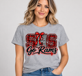 Woman wearing Heather Gray Southern SHS Go Rams T shirt