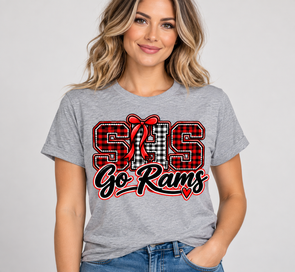 Woman wearing Heather Gray Southern SHS Go Rams T shirt