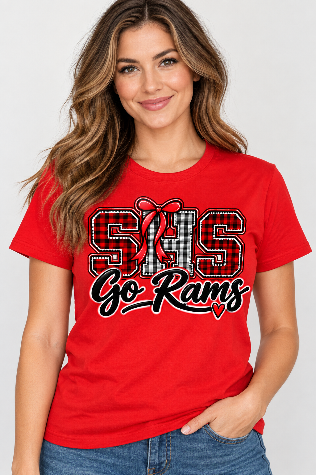 Woman wearing Red Southern SHS Go Rams T shirt