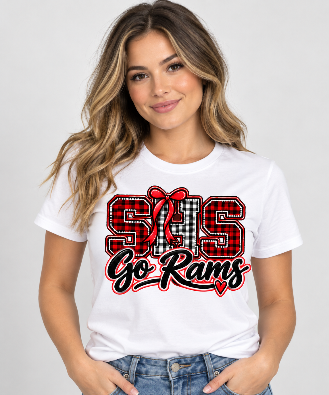 Woman wearing White Southern SHS Go Rams T shirt