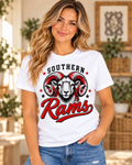 Southern Rams Ram Mascot Script White T-Shirt female model mockup