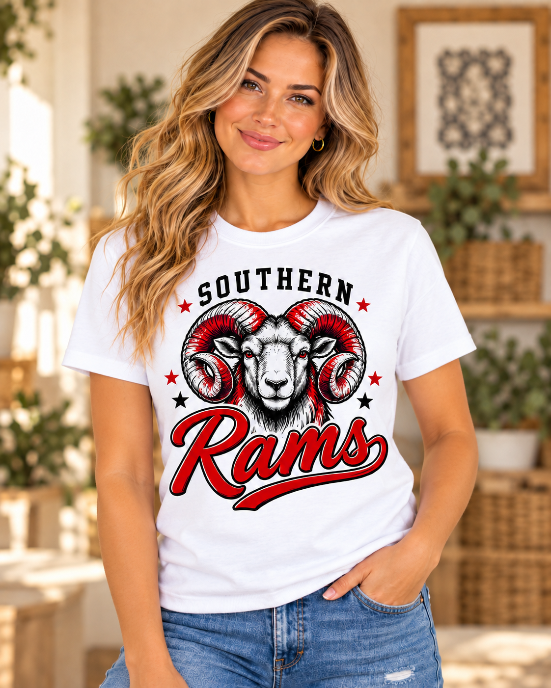 Southern Rams Ram Mascot Script White T-Shirt female model mockup