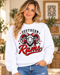 Southern Rams Ram Mascot Script White Crewneck female model mockup