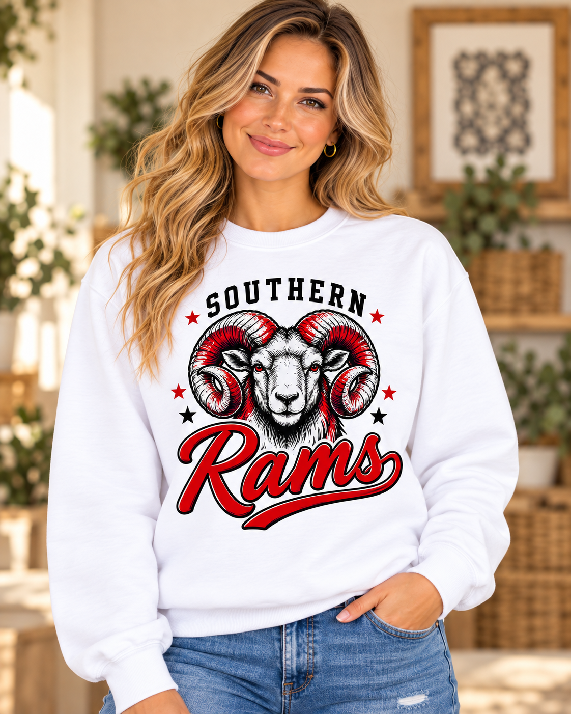 Southern Rams Ram Mascot Script White Crewneck female model mockup