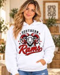 Southern Rams Ram Mascot Script White Hoodie female model mockup