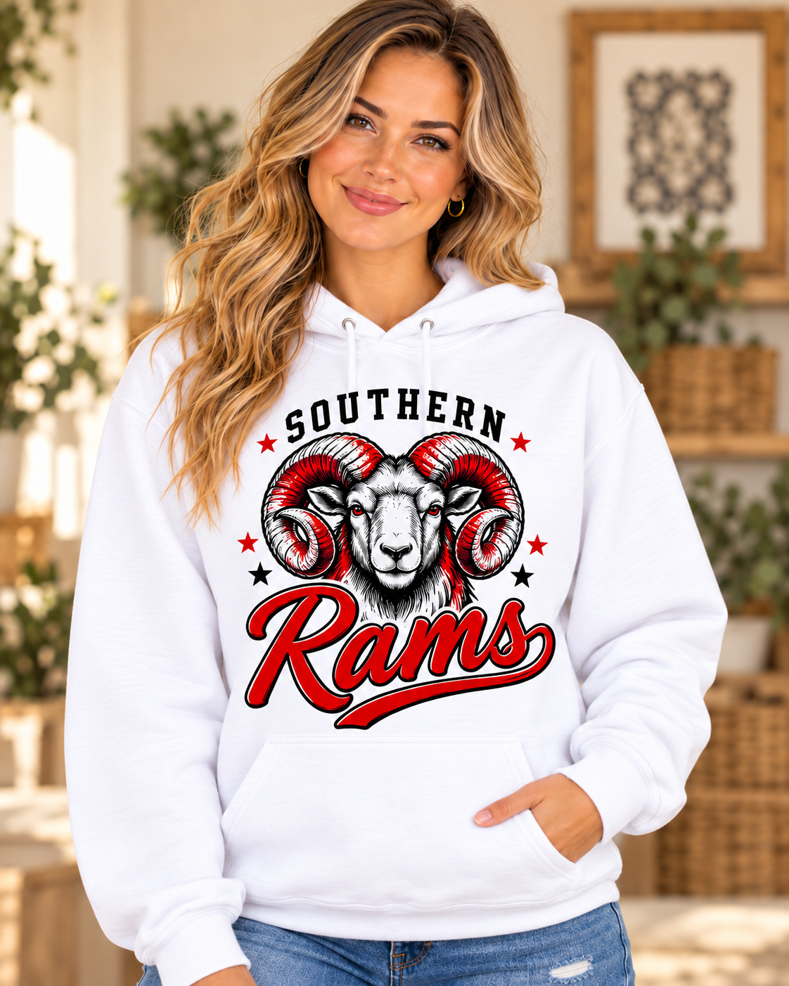 Southern Rams Ram Mascot Script White Hoodie female model mockup