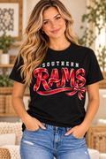 Southern Rams Ribbon Lettering Black T-Shirt female model mockup