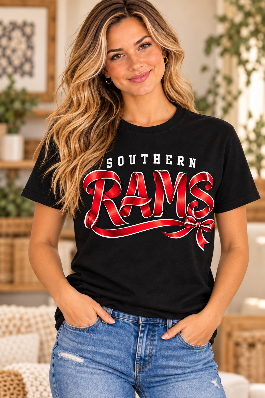 Southern Rams Ribbon Lettering Black T-Shirt female model mockup