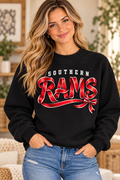 Southern Rams Ribbon Lettering Black Crewneck female model mockup