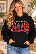 Southern Rams Ribbon Lettering Black Hoodie female model mockup