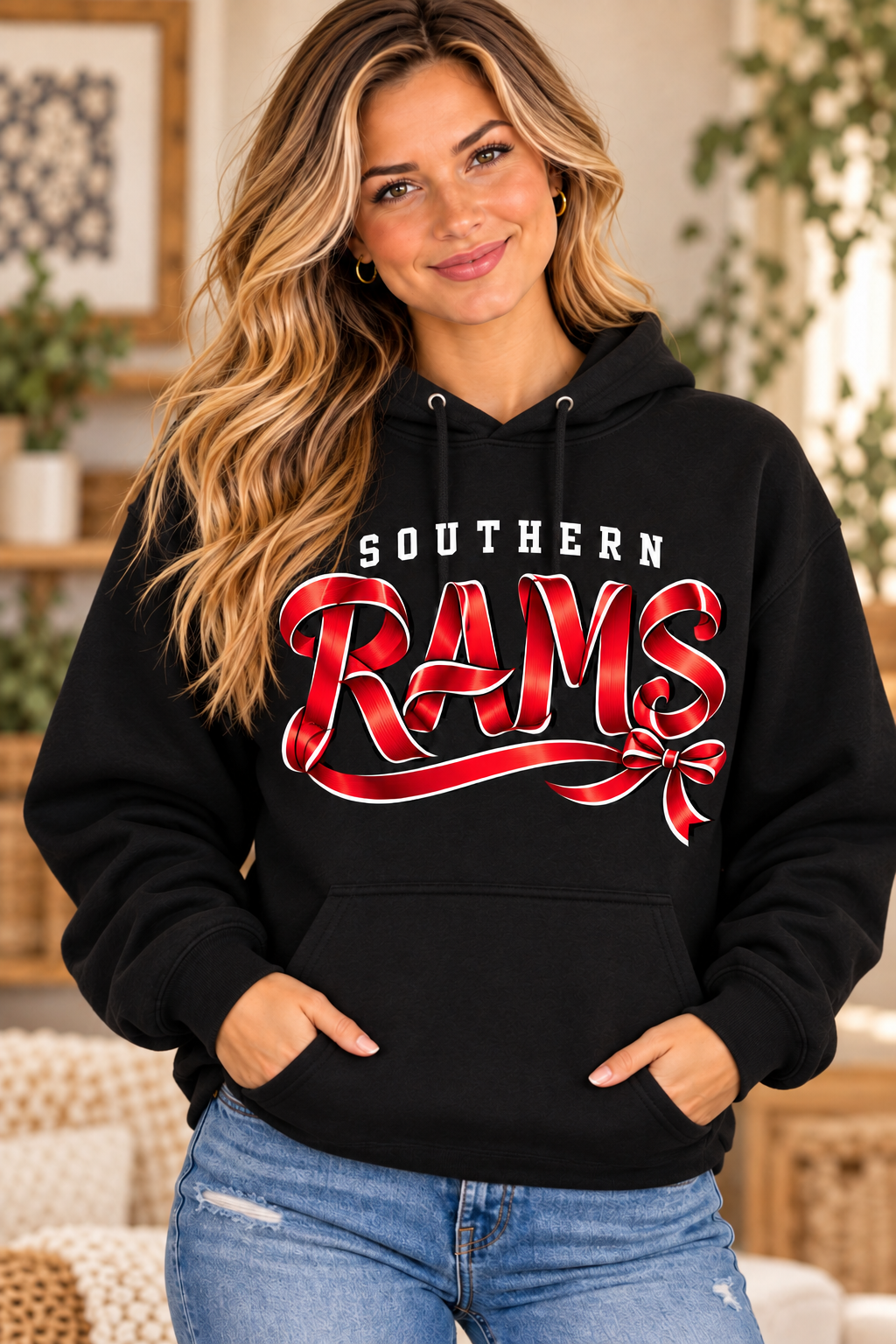 Southern Rams Ribbon Lettering Black Hoodie female model mockup