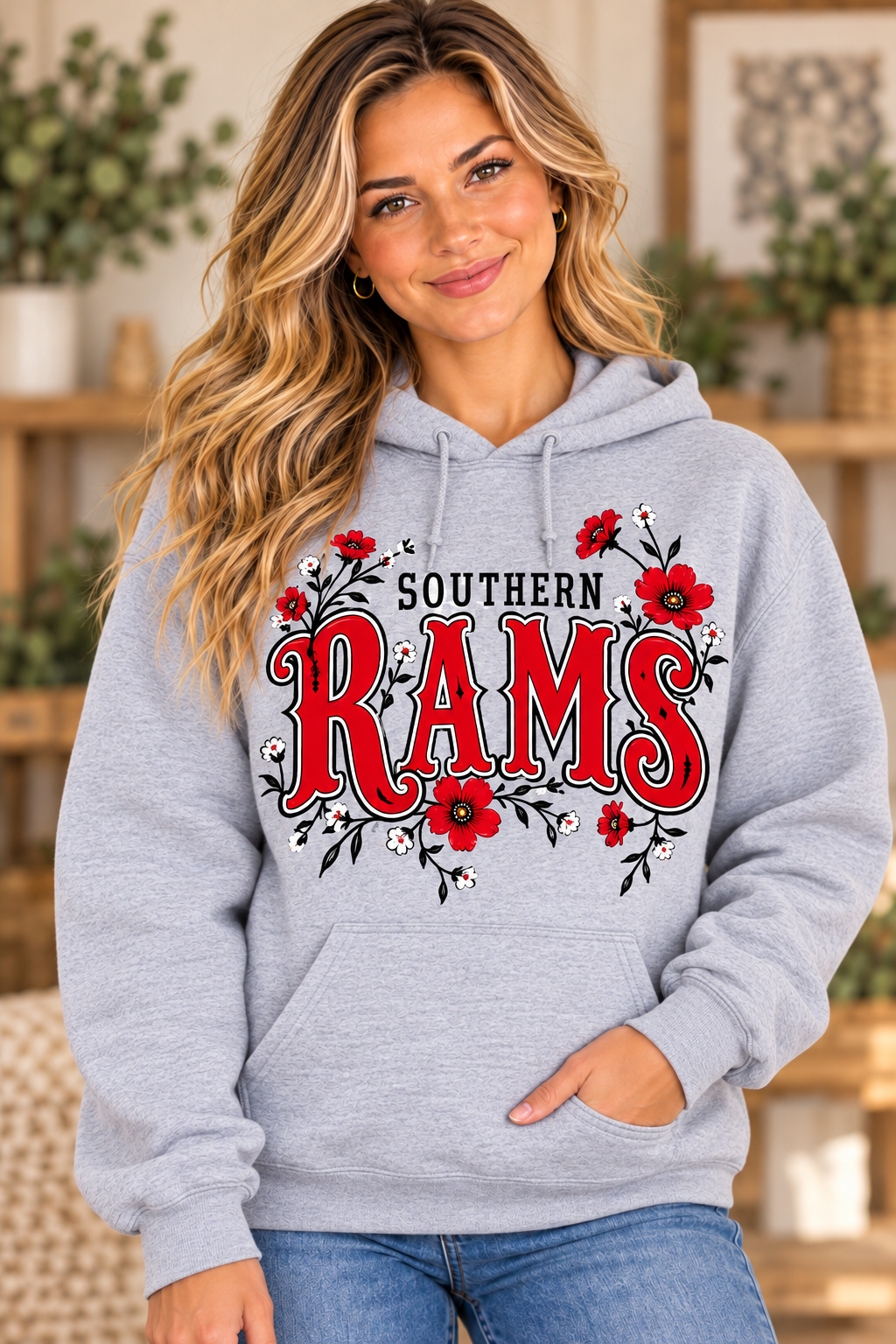 Southern Rams Wildflower Letters Sport Gray Hoodie female model mockup