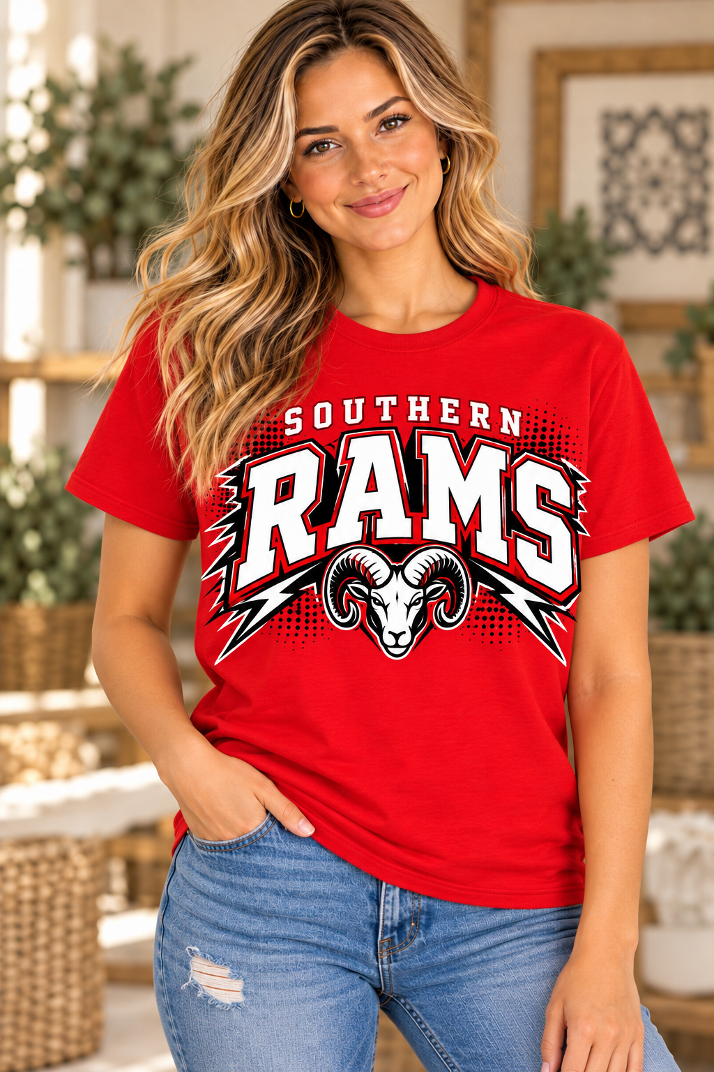Southern Rams Lightning Spirit Red T-Shirt female model mockup