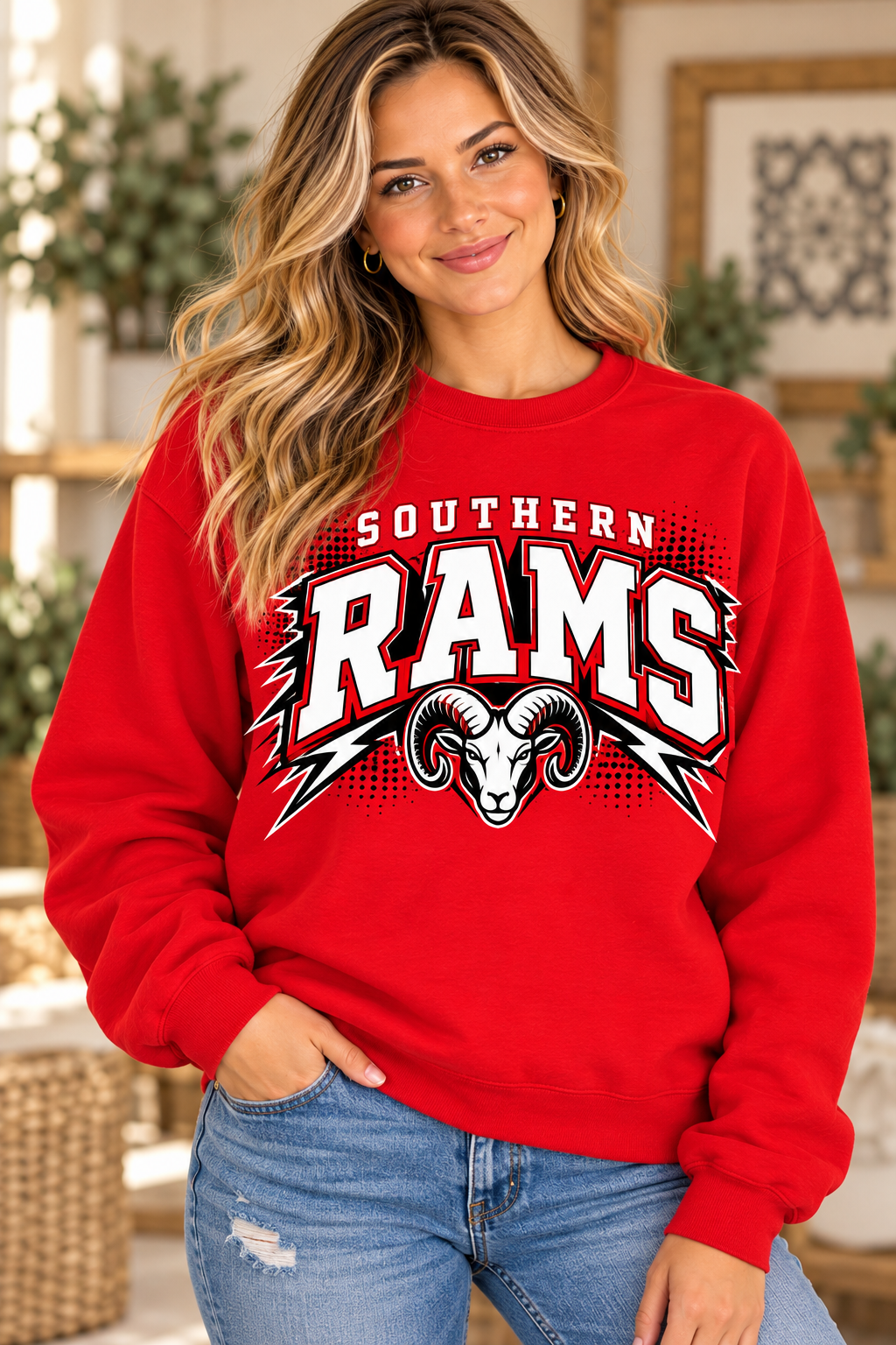Southern Rams Lightning Spirit Red Crewneck female model mockup