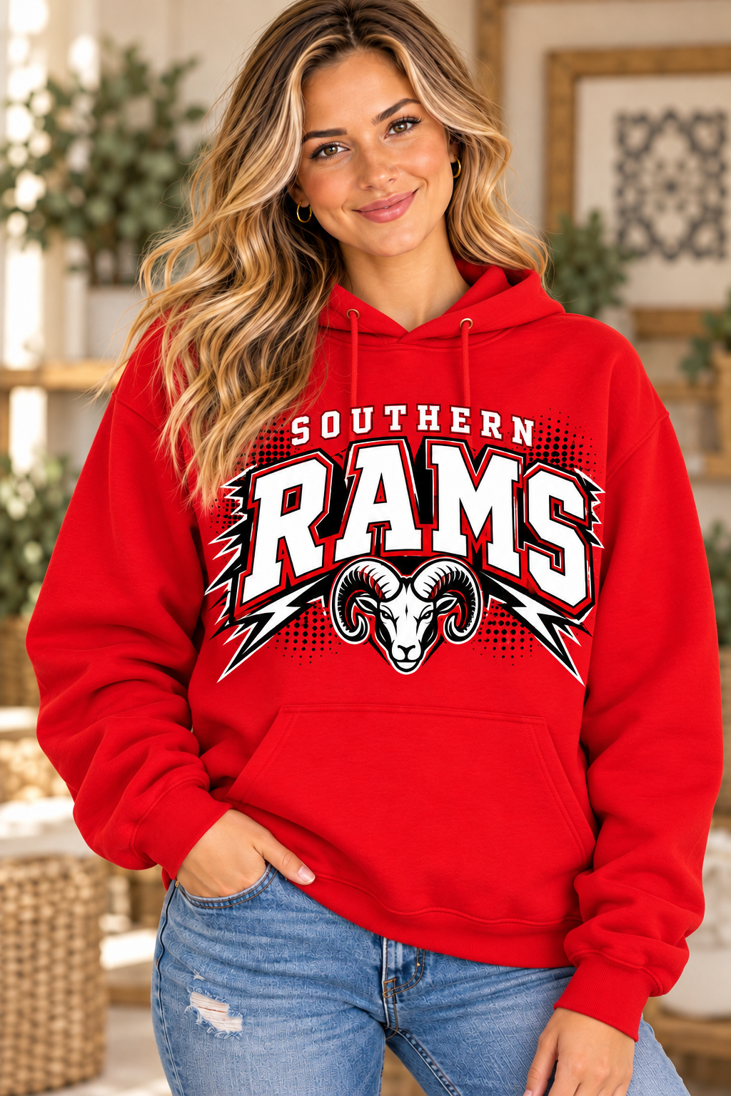 Southern Rams Lightning Spirit Red Hoodie female model mockup