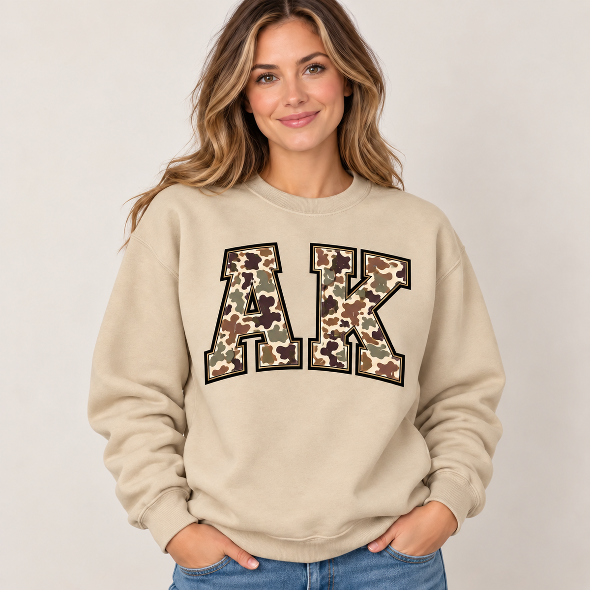 Alaska AK camouflage varsity sand crewneck – sharp rebuilt mockup