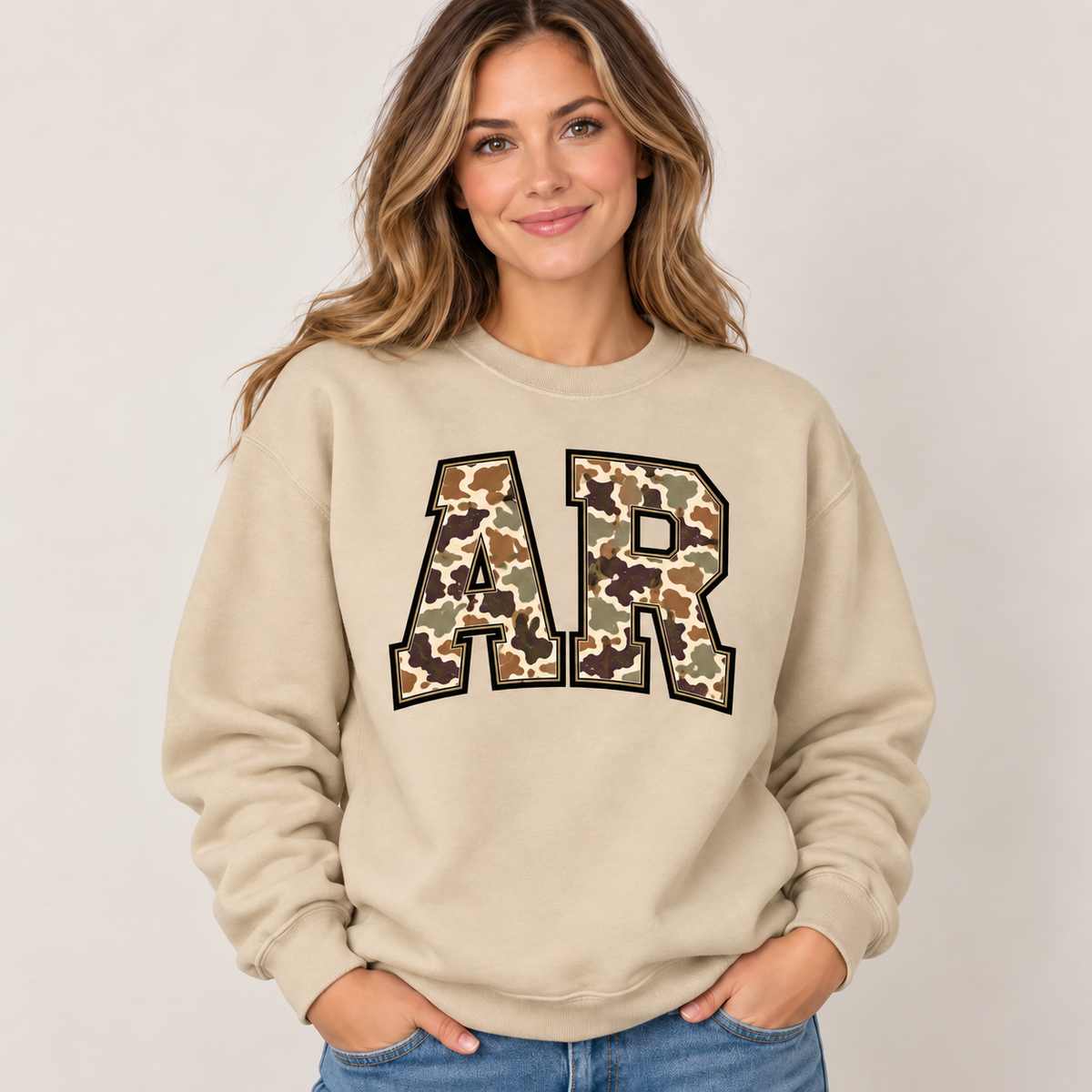 Arkansas AR camouflage varsity sand crewneck – sharp rebuilt mockup