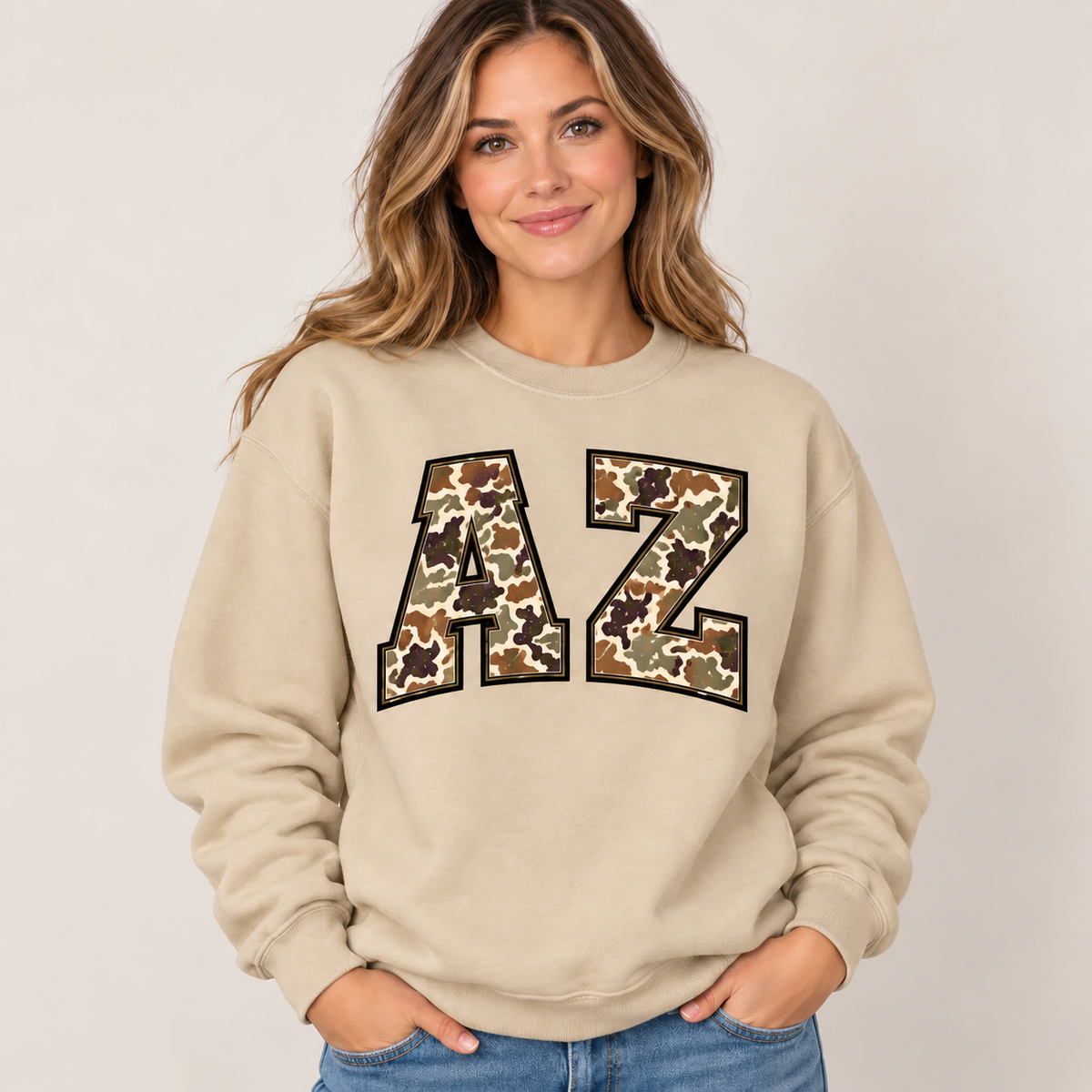 Arizona AZ camouflage varsity sand crewneck – sharp rebuilt mockup