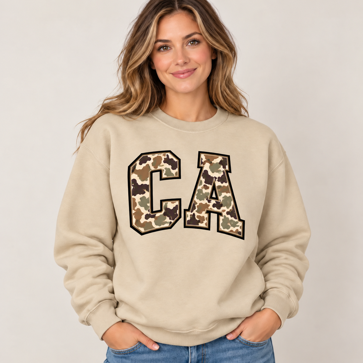 California CA camouflage varsity sand crewneck – sharp rebuilt mockup