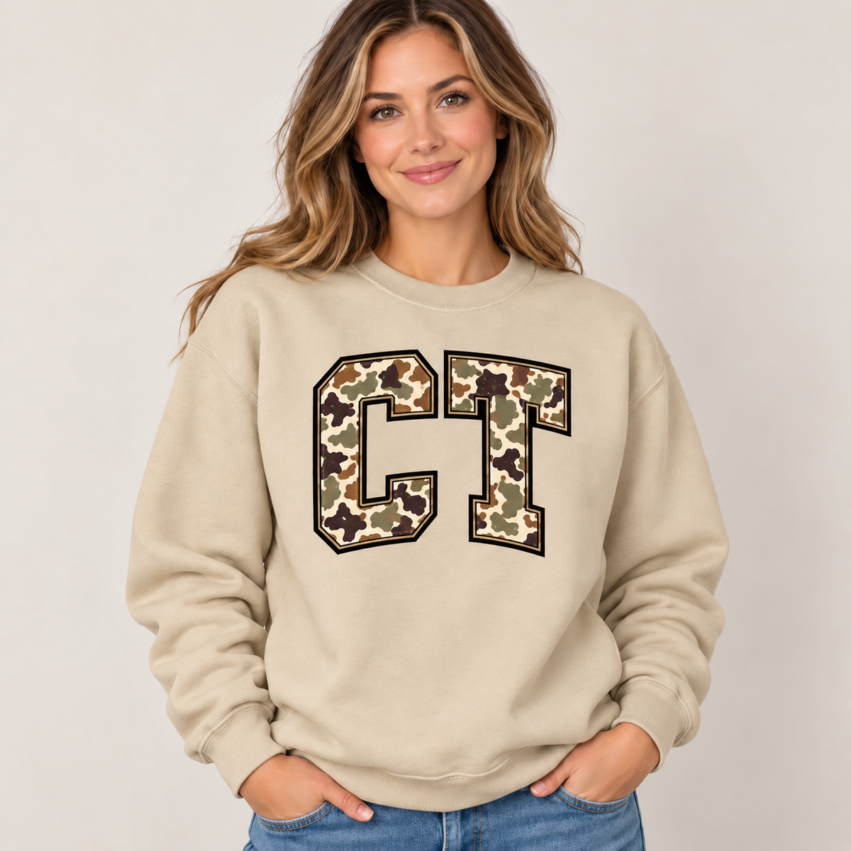 Connecticut CT camouflage varsity sand crewneck – sharp rebuilt mockup