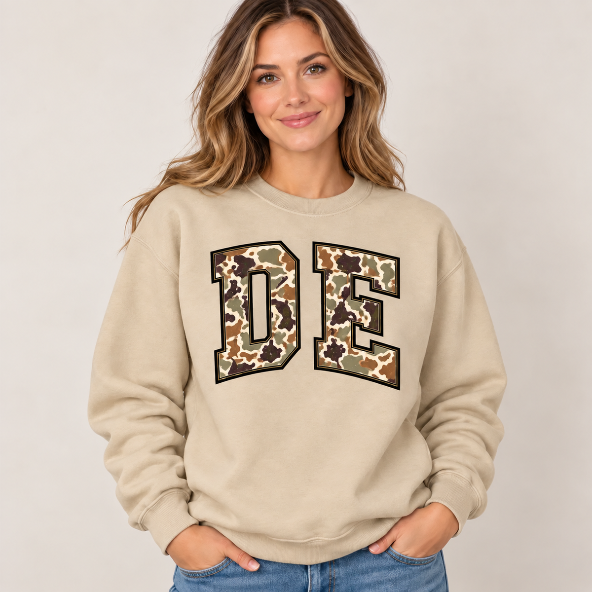Delaware DE camouflage varsity sand crewneck – sharp rebuilt mockup