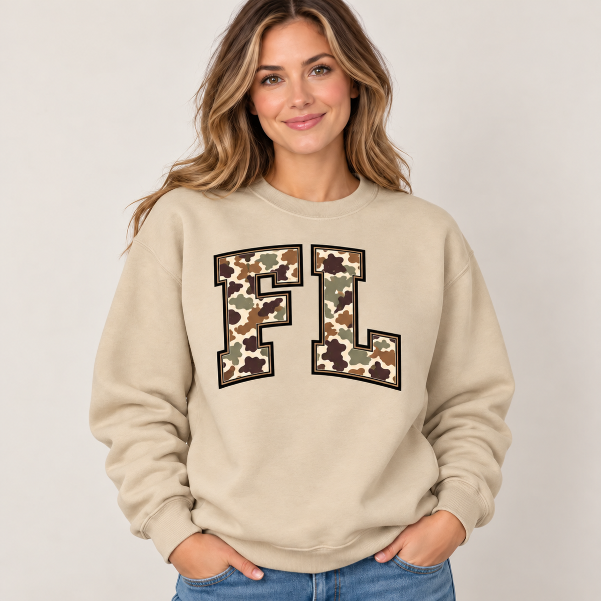 Florida FL camouflage varsity sand crewneck – sharp rebuilt mockup