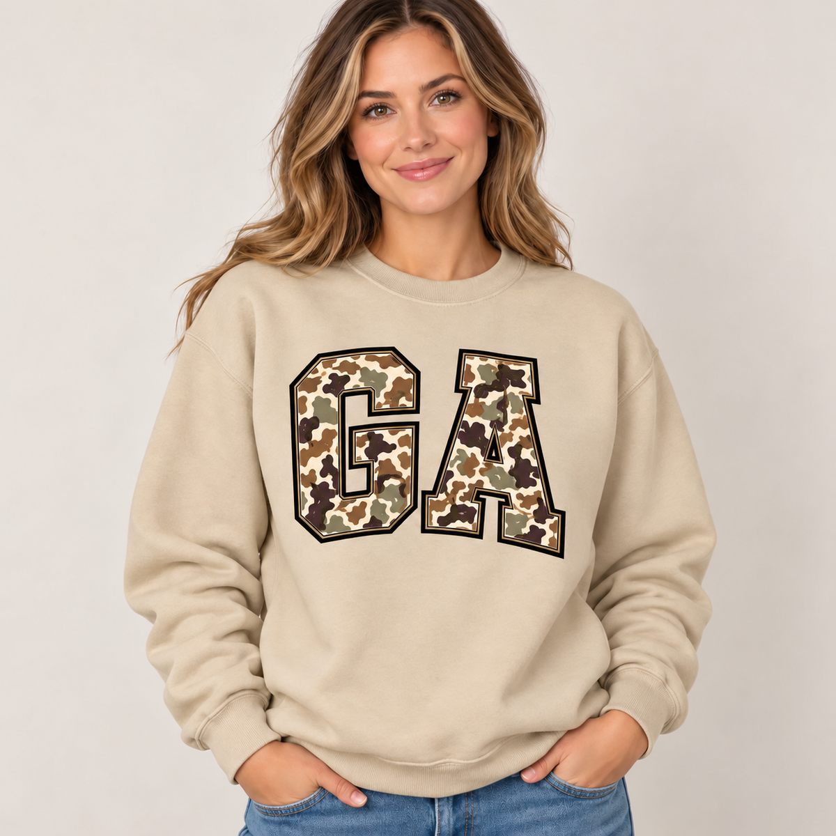 Georgia GA camouflage varsity sand crewneck – sharp rebuilt mockup